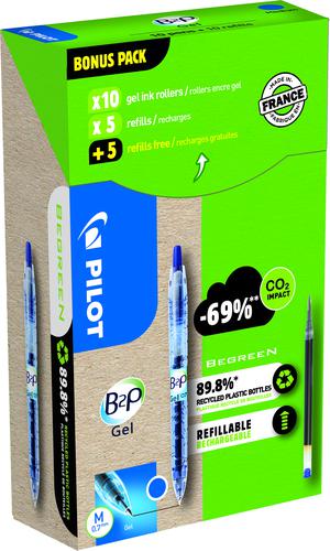 Pilot Greenpack Begreen B2P Retractable Gel Rollerball Pen Recycled 0.7mm Tip 0.39mm Line Blue (Pack 10 Plus 10 Refills)