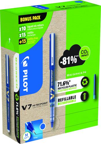 Pilot Greenpack Begreen V7 Hi-Tecpoint Cartridge System Liquid Ink Rollerball Pen Recycled 0.7mm Tip 0.5mm Line Blue (Pack 10+30 Refills) - WLT556268