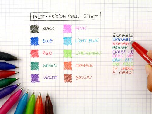 31291PT | NEVER cross out again with FRIXION BALL, the ORIGINAL erasable pen from Pilot!Pilot's best-selling rollerball allows you to cleanly write, delete (FriXion It) and rewrite - all with the same pen. Simply rub out your mistakes with the eraser stud and watch the ink disappear as if by magic! The unique gel ink responds to the heat generated by the rubbing out, and lets you write over your mistake immediately with the same pen.Available in a variety of shades there's a FRIXION for everyone!Save yourself money and be kind to the environment by refilling your FRIXION pen instead of buying a new one - it's never been easier to be green!0.7mm tip gives a 0.35mm medium line.