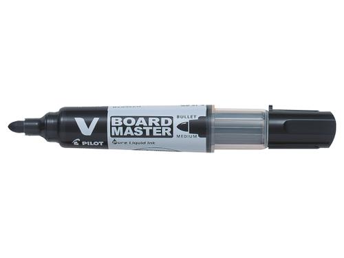 70792PT | Pilot's V BOARD MASTER is a high quality bullet tip marker which is made from 91% recycled plastic. Features include vivid coloured, smooth flowing liquid ink which can be easily erased from all types of whiteboard surfaces using a cloth.  The unique twin-pipe feeder system delivers exceptional performance right down to the last drop.  Containing no xylene or similar solvents, it is also refillable, meaning that one V BOARD MASTER can last much longer than other markers.  The V BOARD MASTER is also odour-free, and available in 5 colours (black, blue, red, green and orange).6.0mm tip / 2.3mm line width.