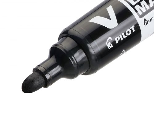 70799PT | Pilot's V BOARD MASTER is a high quality bullet tip marker which is made from 91% recycled plastic. Features include vivid coloured, smooth flowing liquid ink which can be easily erased from all types of whiteboard surfaces using a cloth.  The unique twin-pipe feeder system delivers exceptional performance right down to the last drop.  Containing no xylene or similar solvents, it is also refillable, meaning that one V BOARD MASTER can last much longer than other markers.  The V BOARD MASTER is also odour-free, and available in 5 colours (black, blue, red, green and orange).6.0mm tip / 2.3mm line width.