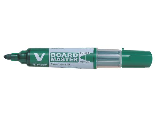 Pilot's V BOARD MASTER is a high quality bullet tip marker which is made from 91% recycled plastic. Features include vivid coloured, smooth flowing liquid ink which can be easily erased from all types of whiteboard surfaces using a cloth.  The unique twin-pipe feeder system delivers exceptional performance right down to the last drop.  Containing no xylene or similar solvents, it is also refillable, meaning that one V BOARD MASTER can last much longer than other markers.  The V BOARD MASTER is also odour-free, and available in 5 colours (black, blue, red, green and orange).6.0mm tip / 2.3mm line width.