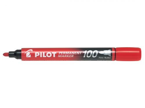 27467PT | The PILOT PERMANENT MARKER 100 uses a new development in permanent oil-based ink technology, Controlled Surface Properties (CSP) Ink.  CSP ink delivers class-leading performance in terms of vivid ink colour with a high fixing strength and abrasion resistance for all types of surface including plastic, metal, wood, card and glass.The PILOT PERMANENT MARKER 100 also delivers one of the longest cap-off times (24 hours) which mean that this marker pen will continue to work perfectly, long after when other types of permanent marker may have dried up.Available in 4 CSP ink colours – Black, Blue, Red and Green.4.5mm Bullet tip gives a 1.0mm line.