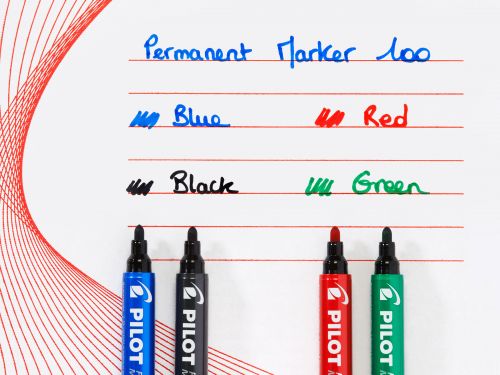 27460PT | The PILOT PERMANENT MARKER 100 uses a new development in permanent oil-based ink technology, Controlled Surface Properties (CSP) Ink.  CSP ink delivers class-leading performance in terms of vivid ink colour with a high fixing strength and abrasion resistance for all types of surface including plastic, metal, wood, card and glass.The PILOT PERMANENT MARKER 100 also delivers one of the longest cap-off times (24 hours) which mean that this marker pen will continue to work perfectly, long after when other types of permanent marker may have dried up.Available in 4 CSP ink colours – Black, Blue, Red and Green.4.5mm Bullet tip gives a 1.0mm line.