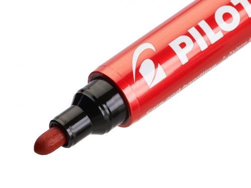 27460PT | The PILOT PERMANENT MARKER 100 uses a new development in permanent oil-based ink technology, Controlled Surface Properties (CSP) Ink.  CSP ink delivers class-leading performance in terms of vivid ink colour with a high fixing strength and abrasion resistance for all types of surface including plastic, metal, wood, card and glass.The PILOT PERMANENT MARKER 100 also delivers one of the longest cap-off times (24 hours) which mean that this marker pen will continue to work perfectly, long after when other types of permanent marker may have dried up.Available in 4 CSP ink colours – Black, Blue, Red and Green.4.5mm Bullet tip gives a 1.0mm line.