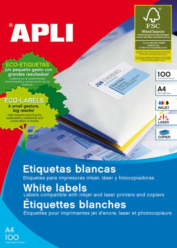 APLI A4 FSC Multipurpose Labels, 100 Sheet Box, 51 Per Sheet, 70mm x 16.9mm
