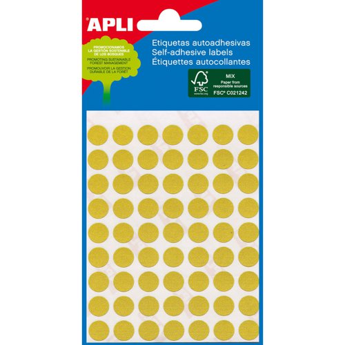 APLI Coloured FSC Circular Labels 288 per Pack 8mm - Yellow