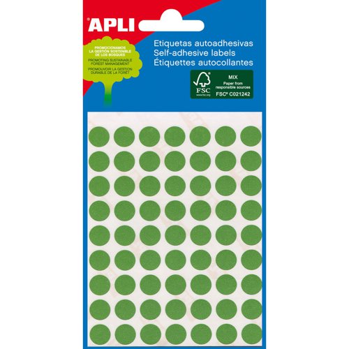 APLI Coloured FSC Circular Labels 288 per Pack 8mm - Green - 02047