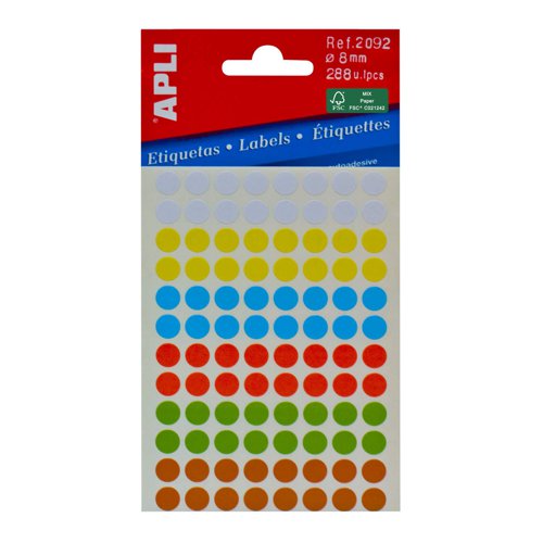 APLI Asstd. Coloured 8mm Circular Labels 288 per Pack  - 6 Asstd Colours - 02092