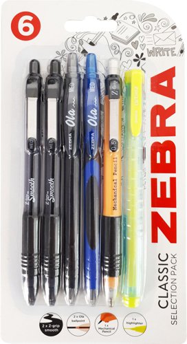 Zebra Pen Selection Pack, 6 items, Pens, Pencil, Highlighter - Blister Carded