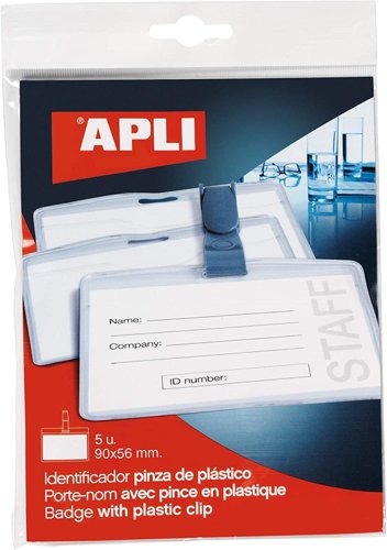 APLI 100x72mm Plastic Badges with Clip & Strap, 5 Pack, Hang carded