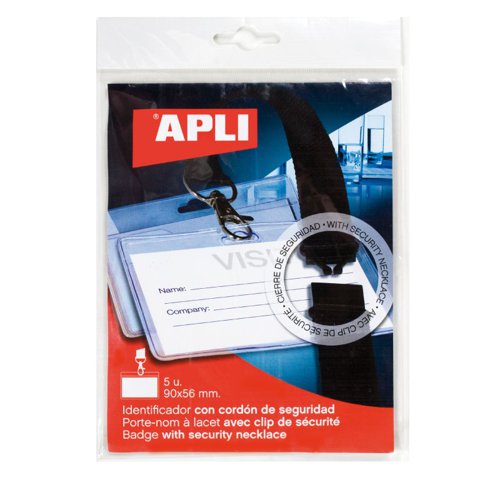 APLI Plastic Badge with Security Lanyard, 90x56mm, 5 Pack, Hang carded 