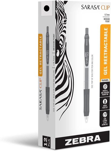 Zebra Sarasa CLIP Gel Retractable Pens Box 12 Black 0.7