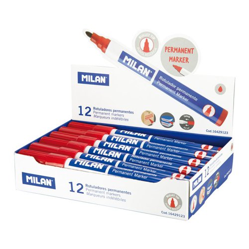 Milan Box of 12 Permanent Markers -Bullet Tip; Red