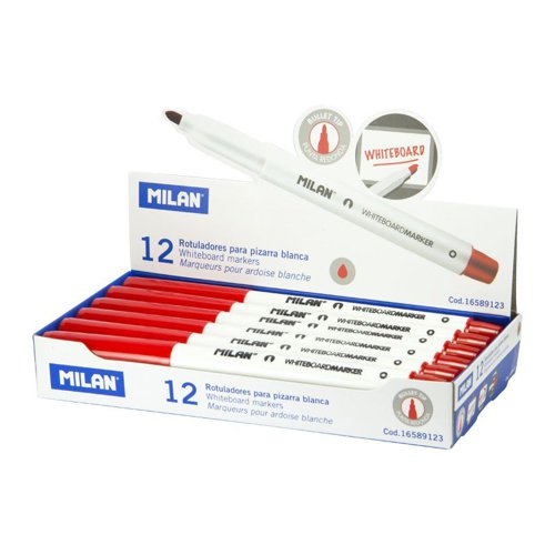 Milan Slimline Drywipe Whiteboard markers Red. Pk12