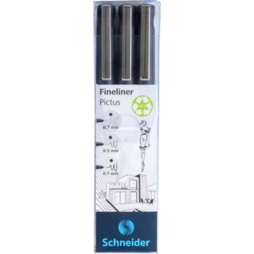 Schneider Pictus ECO Recycled Technical Drawing Pen, Wallet of 3 - 0.3 / 0.5 / 0.7mm Black - 197593