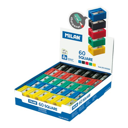 Milan Square Plastic sharpeners; Asstd colours.  Pk60 - 20120260