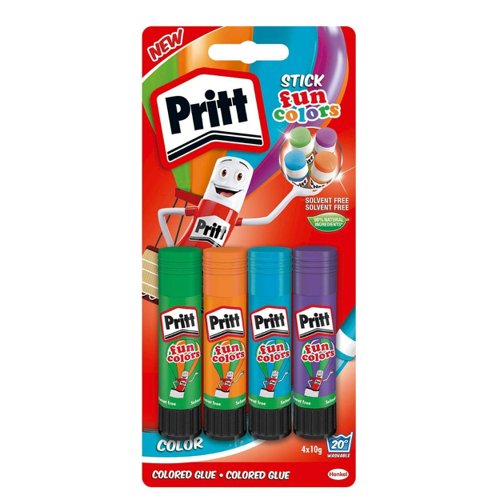 Pritt Glue Stick, 10g Fun Colours, 4 Pack Blistercarded - 2390614