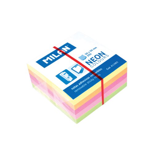 Milan Removable Sticky Notes Cube 2 x 2” 50x50mm 250 sheets; Neon asstd. Pk12 - 411501