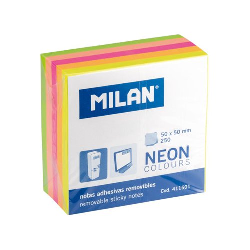 Milan Removable Sticky Notes Cube 2 x 2” 50x50mm 250 sheets; Neon asstd. Pk12 - 411501