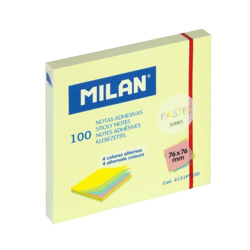 Milan 3x3” Block of Pastel Colour Adhesive Notes; 100 Sheets. Alternately; arranging a sheet of each colour ( Pack 10)  - 4151PT100