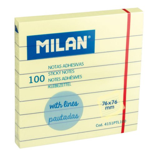 Milan 76x76mm Yellow Sticky Note Pad 100sh; with Lines (Pk12)