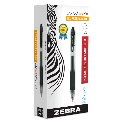 Zebra Sarasa Gel Dry X20 Retractable, Box of 12 Black 0.7