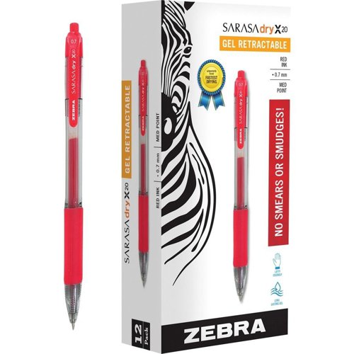Zebra Sarasa Gel Dry X20 Retractable, Box of 12 Red 0.7