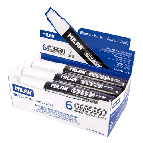 Milan FlouGlass Chalk Markers 8-15mm Chisel Tip; 6pk; White