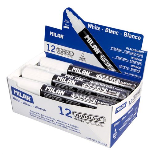 Milan FlouGlass Chalk Markers 2-4mm Chisel Tip; 12pk; White