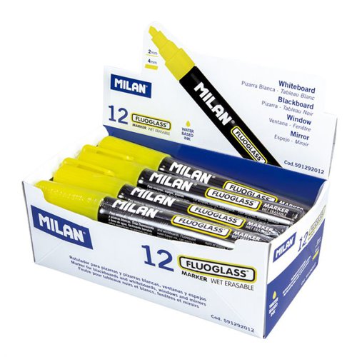 Milan FluoGlass Chalk Markers 2-4mm Chisel Tip; 12pk; Yellow