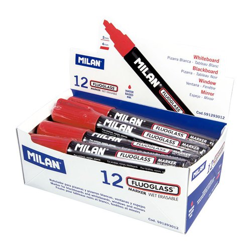 Milan FlouGlass Chalk Markers 2-4mm Chisel Tip; 12pk; Red
