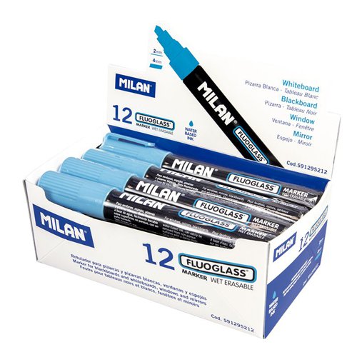 Milan FlouGlass Chalk Markers 2-4mm Chisel Tip; 12pk; Blue