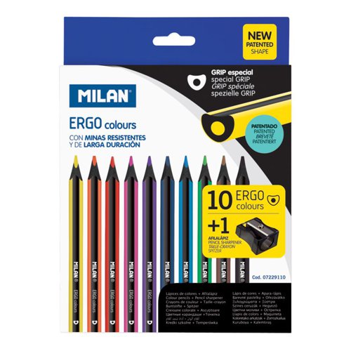 Milan Ergo Grip; Black Wood Luxury Coloured Pencils; 10pk with Sharpener (Box12)