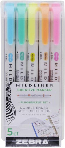 Zebra Mildliner Double Ended Fluorescent Marker - Assorted - 5 Pack
