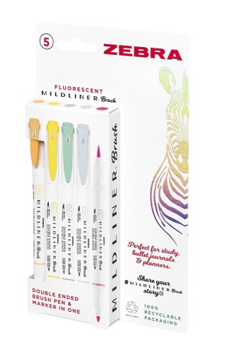 Zebra Mildliner Brush Fluorescent Markers assorted - 5 Pack