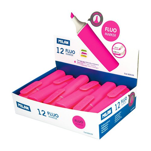 Milan Chisel Tip Highlighter with pocket clip; Pink  (Box 12) - 80039