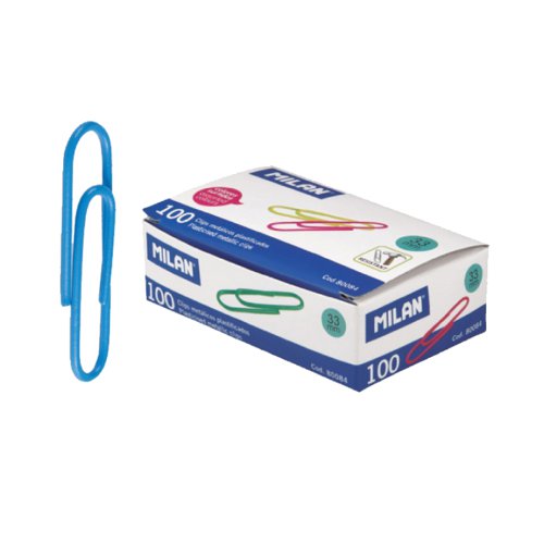 Milan Paper Clips 33mm; Plastic covered Assorted Box of 100; Pk 10