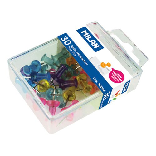 Milan Box with 30 Translucent push pins; asstd cols (Pk10)