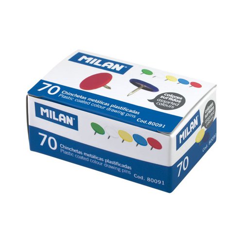 Milan Drawing Pins; Multi-Coloured; Box of 70  ( Box 10 ) - 80091