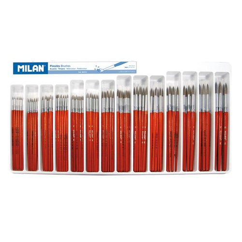 Milan Tray 144 Cylindrical Pony Hair Brushes; School Grade; Watercolour & Poster Work; Sizes: 00; 0; 1; 2; 3; 4; 5; 6; 7; 8; 9; 10; 11; 12
