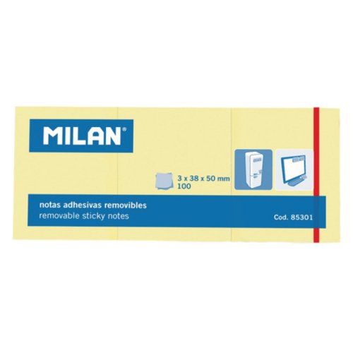 Milan Removable Sticky adhesive notes. 100 Sheets 38x50mm; 3 Pack; Yellow Pk10 - 85301