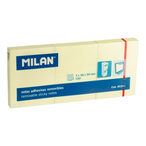 Milan Removable Sticky adhesive notes. 100 Sheets 38x50mm; 3 Pack; Yellow Pk10 - 85301