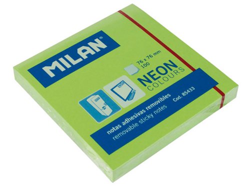 Milan Neon Removable adhesive sticky notes. 76x76mm 100 Sheets Green Pk 10 - 85433