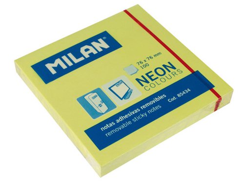 Milan Neon Removable adhesive sticky  notes. 76x76mm 100 Sheets Yellow Pk 10