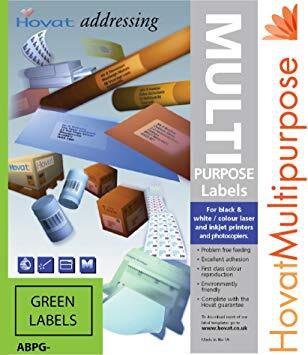 Hovat Compatible Green Multipurpose  Labels Pk 100 sheets 99 x 68 mm (8 labels/ Sheet)
