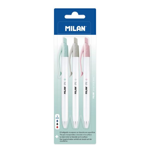 Milan P1 Anti-bacterial treated Ballpen 3 Asstd Ink Colours Box 12