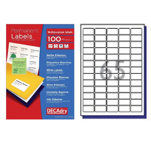 DECAdry White Multipurpose Labels 100 sheet pk 38.1 x 21.2mm 65 per Sheet