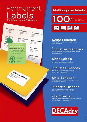 DECAdry White Multipurpose Labels 100 sheet pk 63.5 x 38.1mm 21 per Sheet - DLW1731