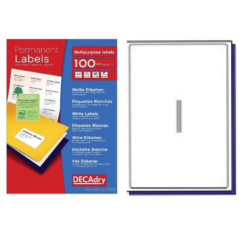 DECAdry White Multipurpose Labels 100 sheet pk 199.6 x 289.1mm 1 per Sheet - DLW1735